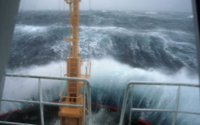 Crossing Drake's Passage. Waves crashing over the bow of the RRS Ernest Shackleton during a Force 12 storm.