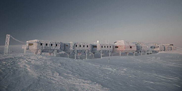 Halley VI Research Station on the Brunt Ice Shelf during winter