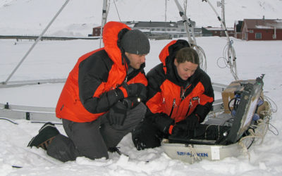 People examining scientific equipment