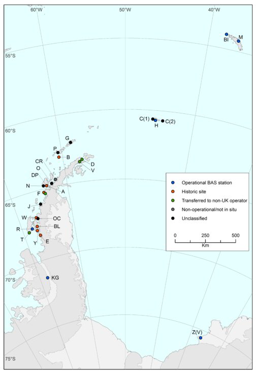 Map showing research stations and refuges of the British Antarctic Survey and its predecessors