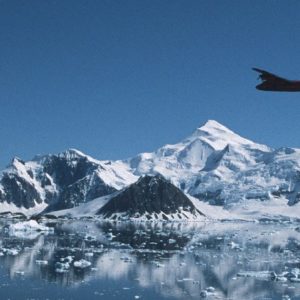 The Dash 7 flying over Ryder Bay before coming into land at Rothera Research Station.
