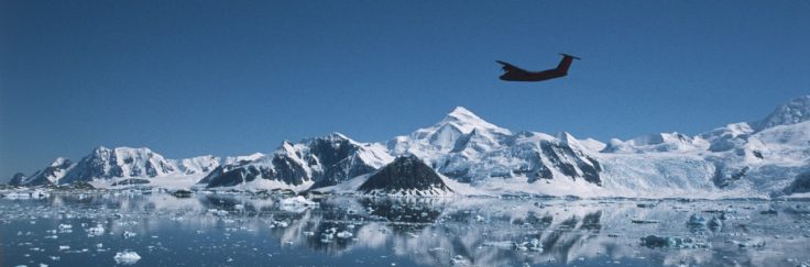 The Dash 7 flying over Ryder Bay before coming into land at Rothera Research Station.