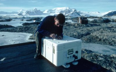 SAOZ - observes spectra of UV and visible sunlight scattered from the zenith sky at twilight, to measure total column ozone and Nitrogen dioxide. SAOZ (Systeme d'Analyse d'Observations zenithales) is in a weather-proof box and looks up through the simple quartz window in its lid. Derek Oldham is seen here installing SAOZ on the roof of the ozone loft in March 1990. Faraday station was occupied by BAS from 1947 to 1996, it was transferred to the Ukraine in February 1996 and renamed Vernadsky. SAOZ was moved to Rothera when Faraday was transferred to the Ukraines