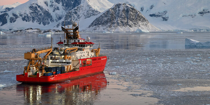 The research Ship RRS Sir David Attenborough in Ryder Bay, Antarctica
