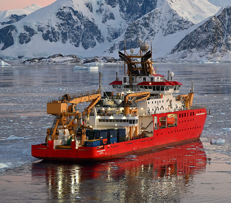 The research Ship RRS Sir David Attenborough in Ryder Bay, Antarctica