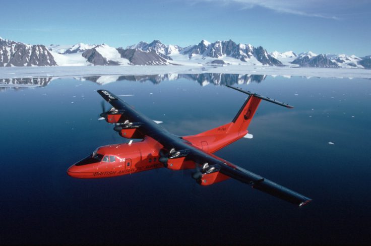 BAS Dash 7 over the mountains of the Antarctic Peninsula close to Rothera Research Station.