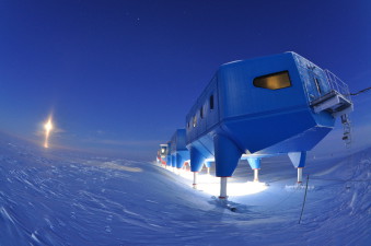 Winter image of the Halley VI Research Station on the Brunt Ice Shelf in Antarctica