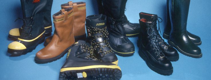 Antarctic Clothing Pictures Footwear, L-R , RBLT, Rigger boot, Plastic Field Boot, Mukluk, Leather Field Boot, Wellington Boot.