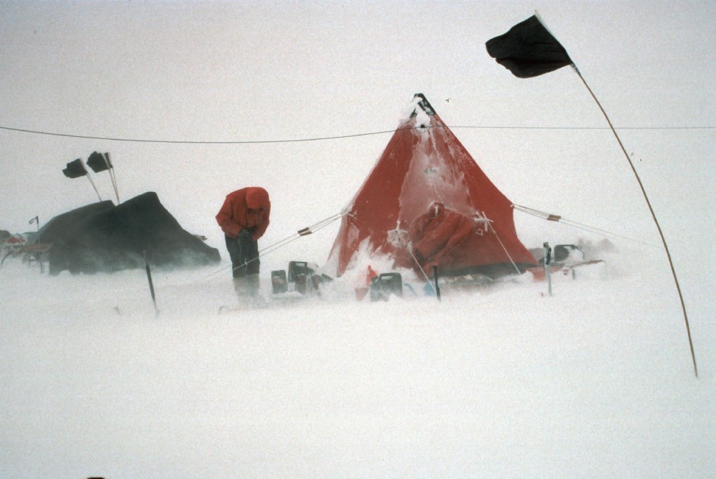 High winds making life difficult at a field camp. No work today! These winds are around 30 knots, often 60 knots are encountered but few photographs are taken then!