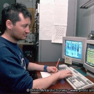 Richard Yeo checks data in the VLF room on the SSB at Halley Research Station, Antarctica