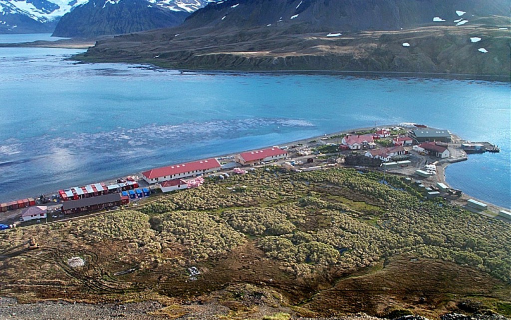 Aerial view of the buildings at King Edward Point, South Georgia. The purpose built facilities include the accommodation building, Everson House and the James Cook Laboratory. Research is carried out to assist in the sustainable management of the commercial fisheries around South Georgia.