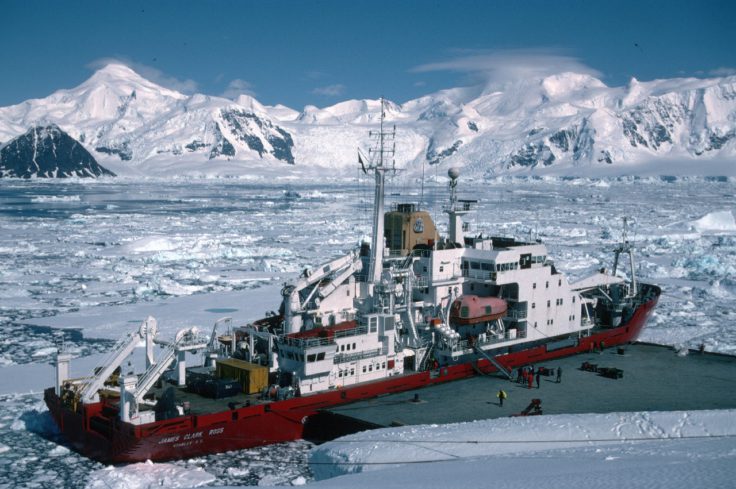 Unloading cargo from the James Clark Ross at Rothera wharf.