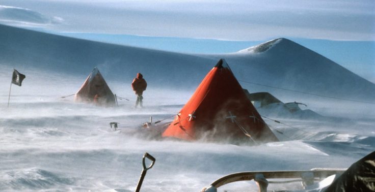 Field camp in blowing snow