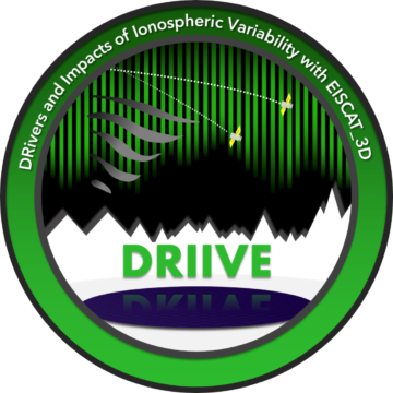 Logo for the DRIIVE project showing representations of the aurora, waves and satellites over snowy mountains with the EISCAT 3D receiver array in the foreground