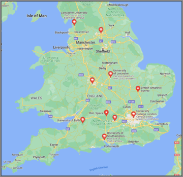 Map of UK institutes taking part in DRIIVE