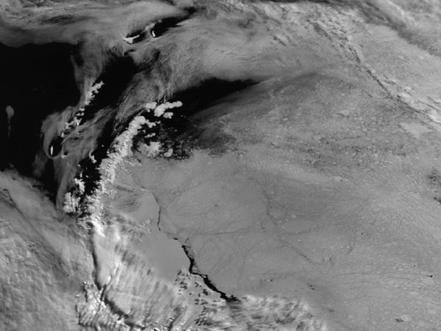 ARIES satellite image acquired at Rothera receiving station which shows clouds and sea ice distribution