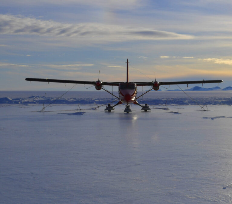 A twin otter at Sky Blu blue ice runway in Antarctica