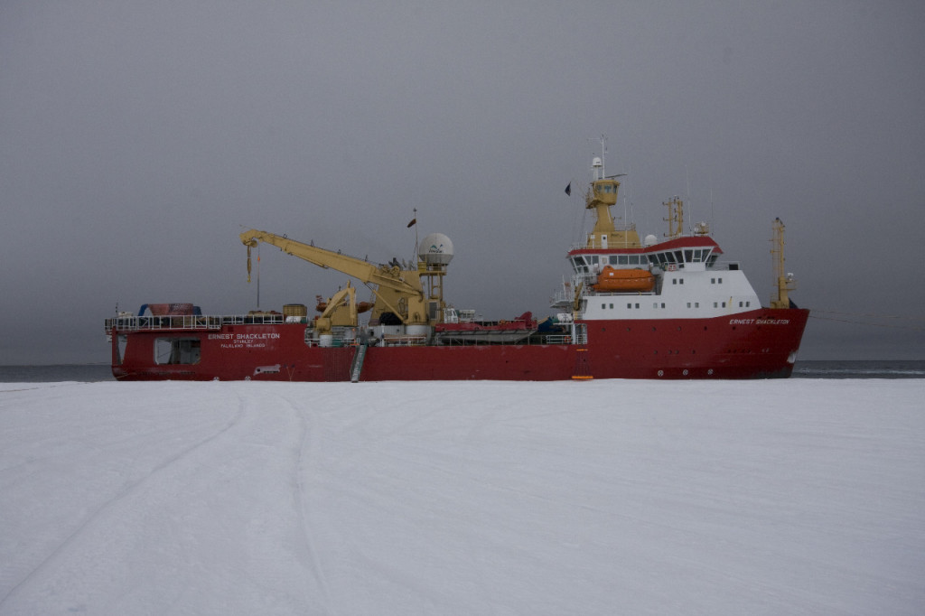 RRS Ernest Shackleton at the Brunt Ice Shelf, Antarctica, for relief of Halley Research Station.