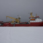 RRS Ernest Shackleton at the Brunt Ice Shelf, Antarctica, for relief of Halley Research Station.