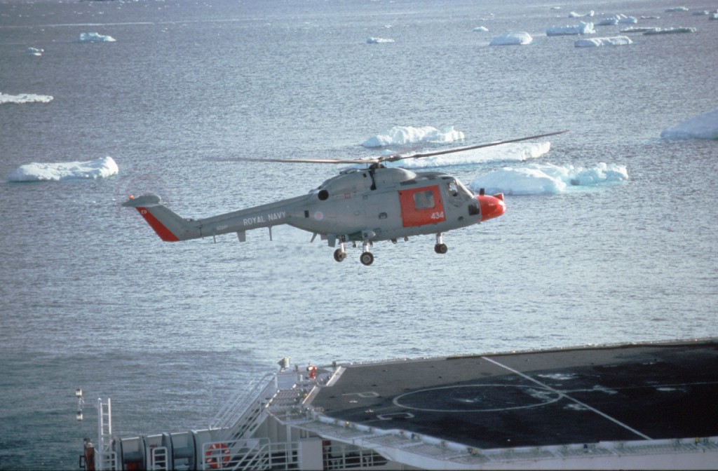 Lynx helicopter from HMS Endurance landing on HMS Polar Circle. 