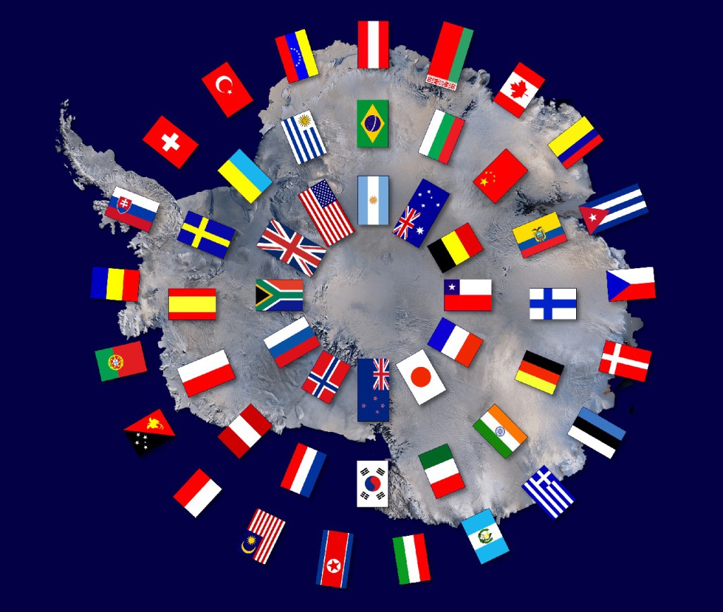 Map of Antarctica with the flags of the Antarctic Treay nations.