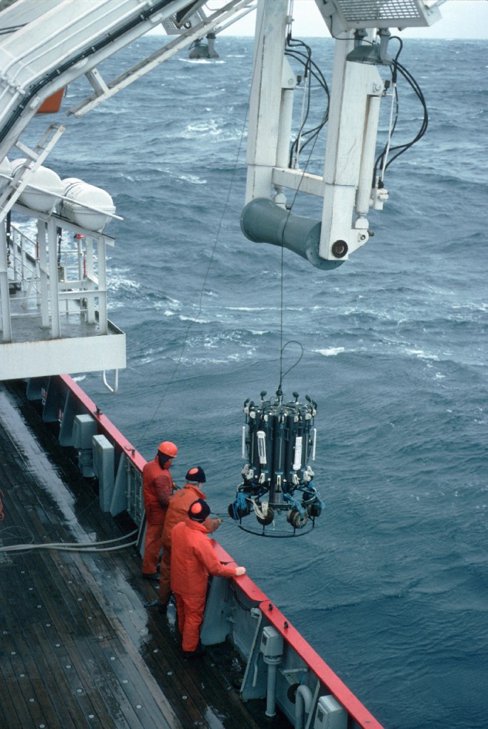 The CTD is deployed from the side gantry of the James Clark Ross The CTD records Conductivity (salinity), Temperature and Depth. From these the water density and the ocean currents can be derived.