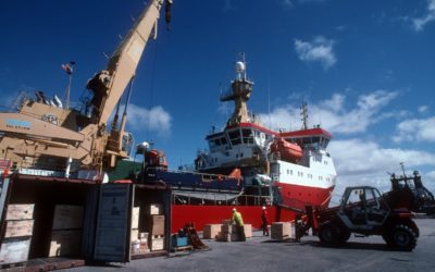 RRS Ernest Shackleton loading cargo at Maire Harbour, Falkland Islands