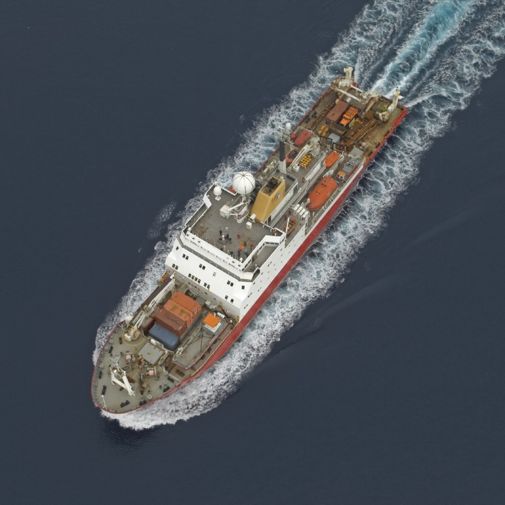 Aerial view of the RRS James Clark Ross in the Bellingshausen Sea, west of the Antarctic Peninsula.