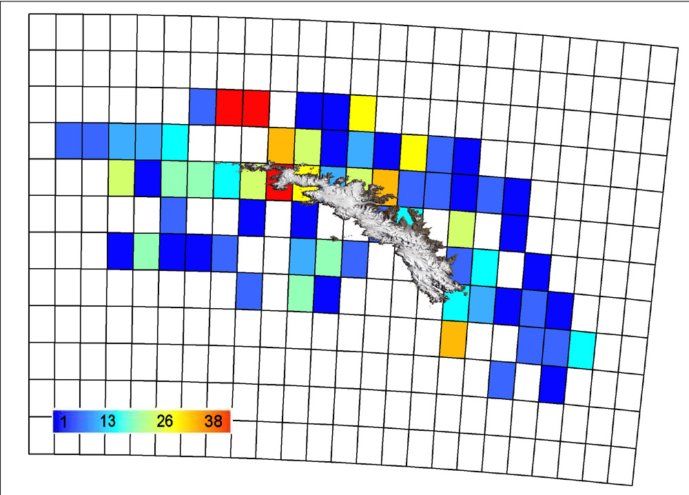 Map showing distribution of Echinoderms in South Georgia - data from South Georgia Marine Biodiversity Database (SGMarBase)