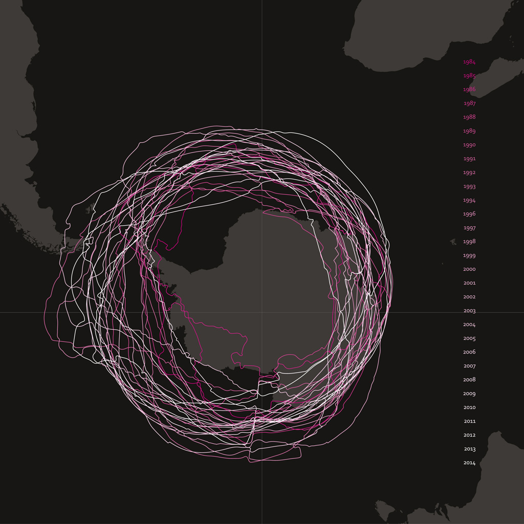 This artwork represents 30 years of data showing the extent of the Antarctic Ozone Hole and its changing position over the South Pole. Each circle marks the year.