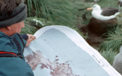 Biologist using a BAS map of Bird Island during field work