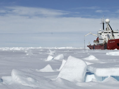 A large ship in the snow.