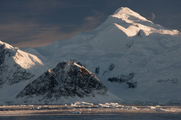 A view of a snow covered mountain.