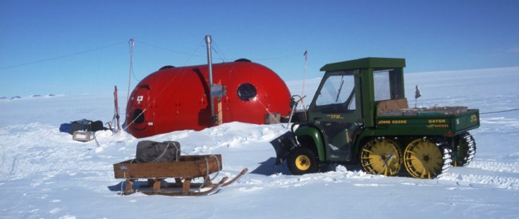 The new Gator Plough for runway clearing, outside the melon hut day accommodation, with the Hauberg Mountains in the background.