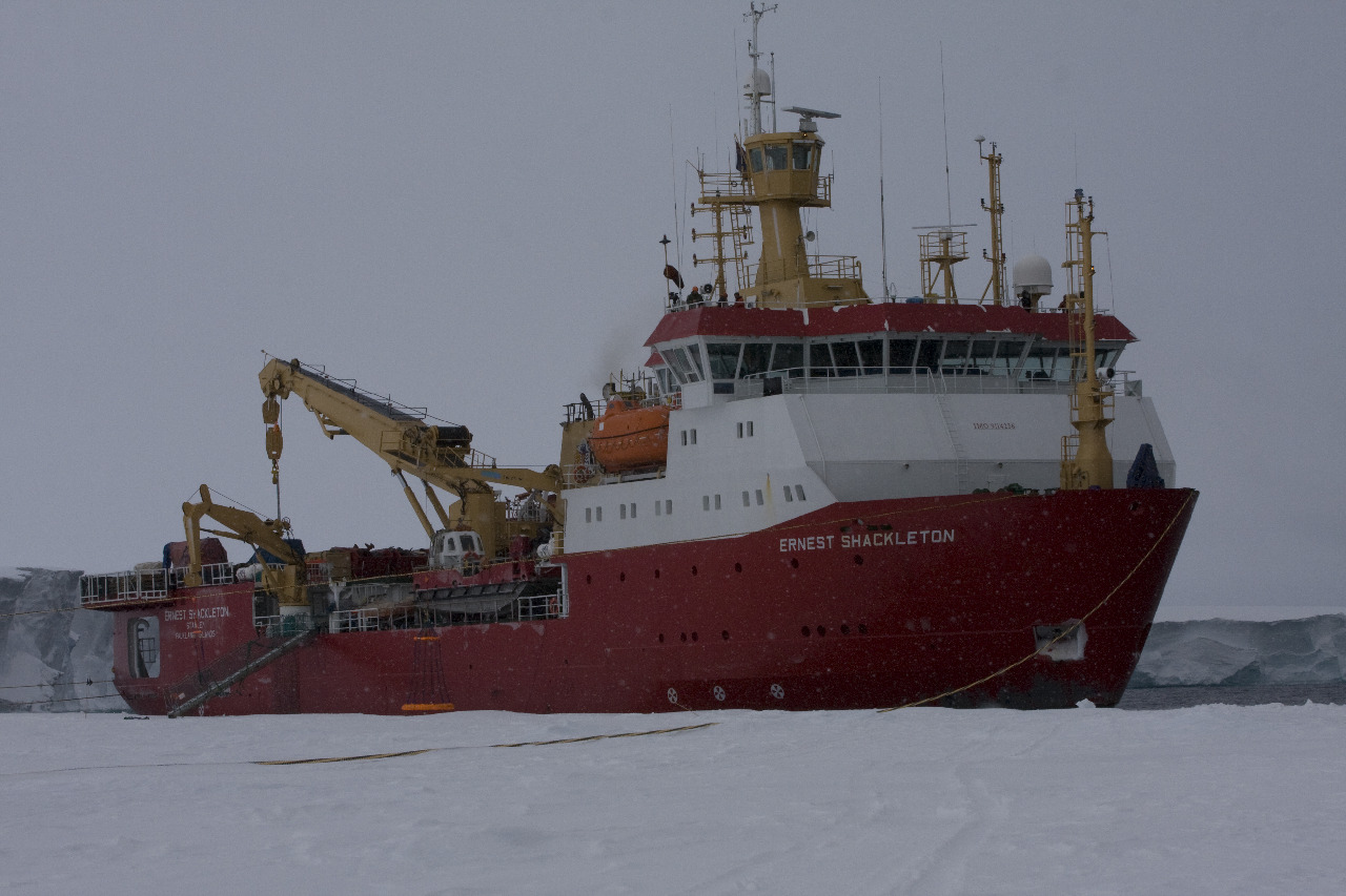 A large ship in the snow.