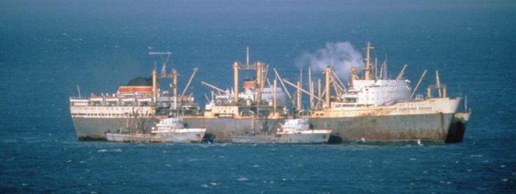 Soviet factory fishing ship (middle) with two trawlers in the foreground and a cargo ship tied behind