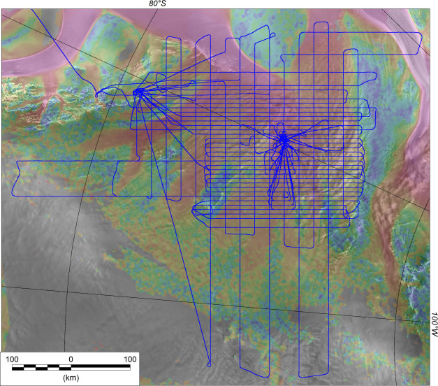 Flight line across the Institute and Möller ice streams. Background image shows ice velocity (red=fast) overlain on a satellite image of the ice surface.