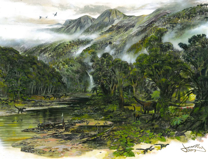 Reconstruction of the eastern flank of the Antarctic Peninsula during the latest Cretaceous. Flora and fauna based on terrestrial palynomorph (fossil spores and pollen) data and vertebrate fossils from the James Ross Basin, Antarctic Peninsula.