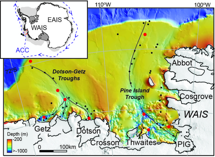 Map of the Amundsen Sea showing all dated BAS-AWI cores in the ASE (black dots) and those to be used in this project (red dots). The core sites are located in the glacial troughs, which deliver CDW to the modern grounding lines. Inset shows southern boundary of the Antarctic Circumpolar Current (ACC) (blue line) relative to the ASE shelf (light grey shading) as well as deep water (rise) cores available for the project.