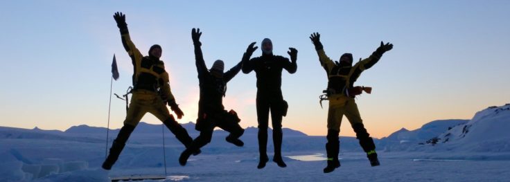 Ice diving in Hangar Cove (Paul Samways boating officer, Terri Souster Marine Biologist, Samuel Poutney Marine Assistant and Emily Venables Diving Officer)