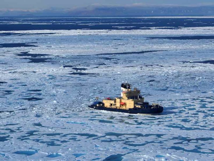 Helicopter view of Swedish research ship Oden in sea-ice, Nares Strait