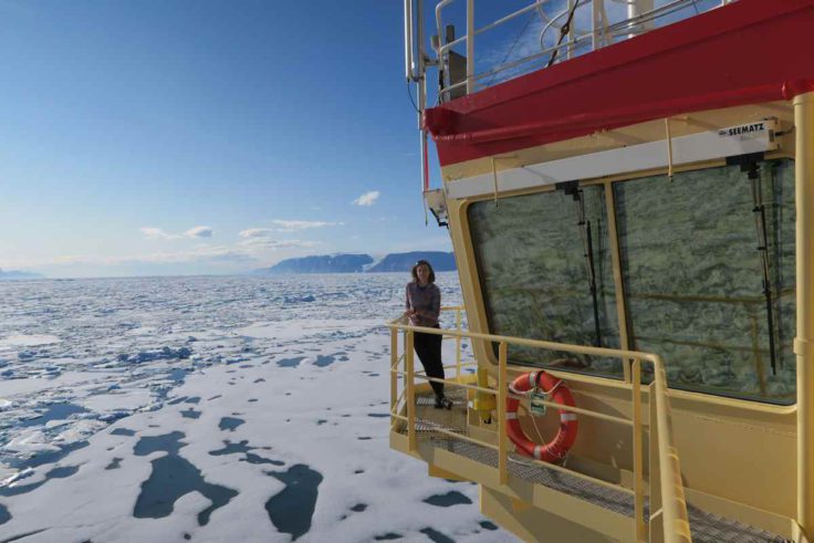 Kelly Hogan on the bridge of the Oden, Nares Strait in the Arctic