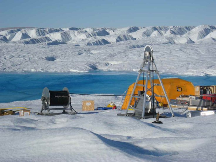 Hot water drilling, Petermann ice shelf, NW Greenland