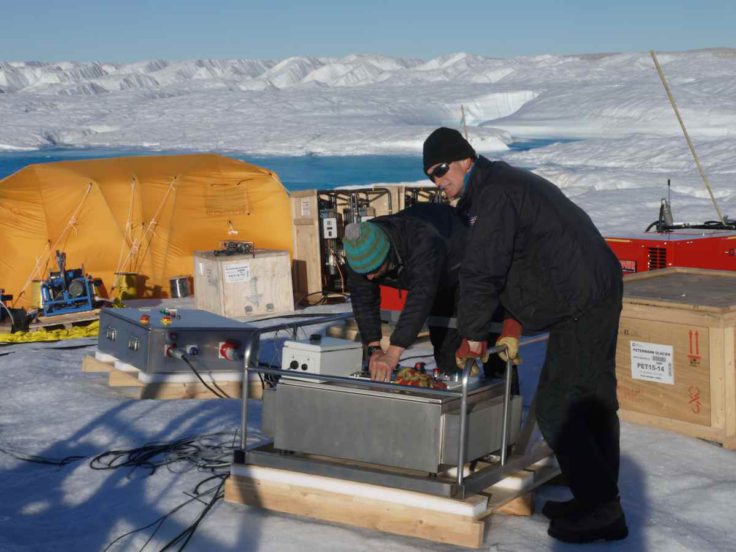 Hot water drilling on Petermann ice shelf, NW Greenland