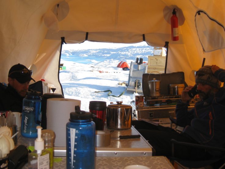 A group of people performing on a counter.