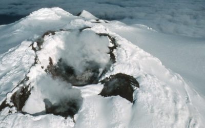 Cinder cones and volcanic steam at Mount Sourabaya, Bristol Island, South Sandwich Islands.