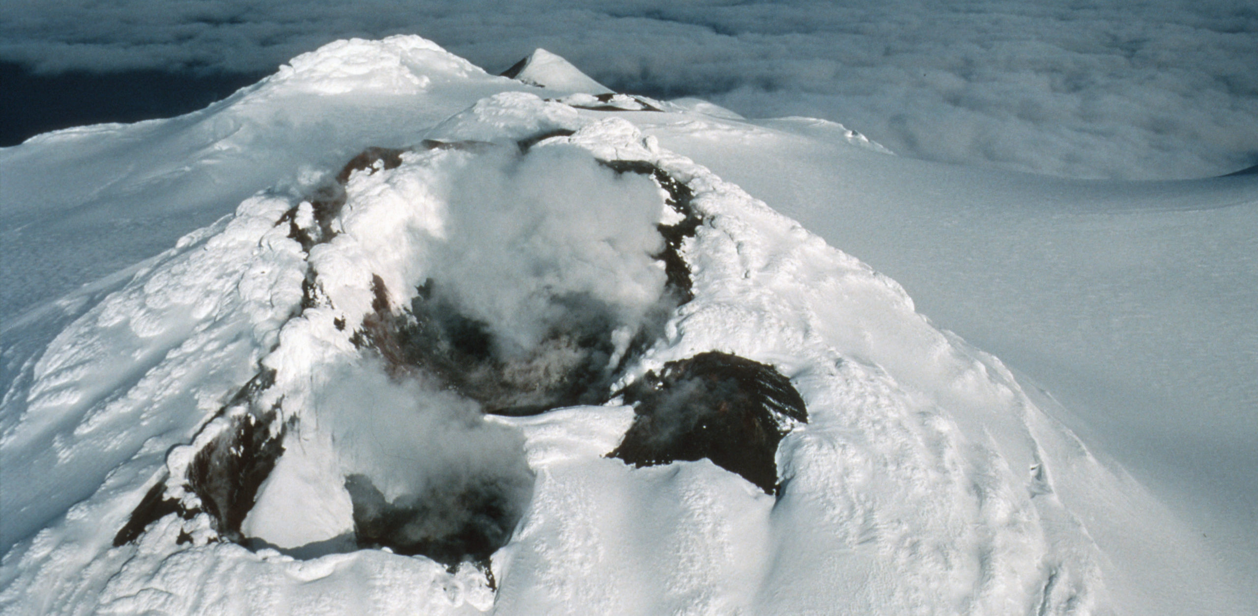 Cinder cones and volcanic steam at Mount Sourabaya, Bristol Island, South Sandwich Islands.
