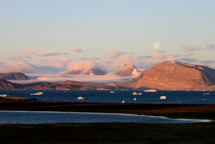 A large body of water with a mountain in the background.