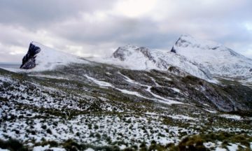 A snow covered mountain.