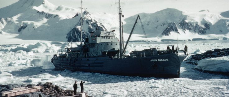 John Biscoe at Base Y, Horseshoe Island, 1955-6. FIDS/BAS-owned ships were not routinely painted red until 1960. (Photographer: James Exley; Archives ref: AD6/19/3/B8)